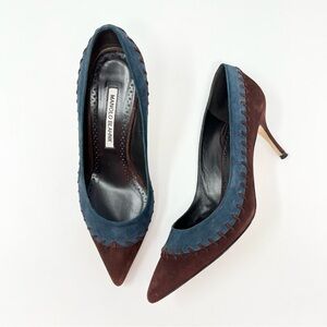 Manolo Blahnik Western Suede High Heels Pumps Brown Blue Pointed Toe 37.5 7.5